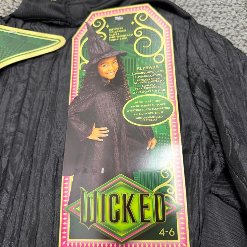 Witch costume set Wicked Elphaba Kids 4-6 Black 3-Piece Outfit dress hat cape